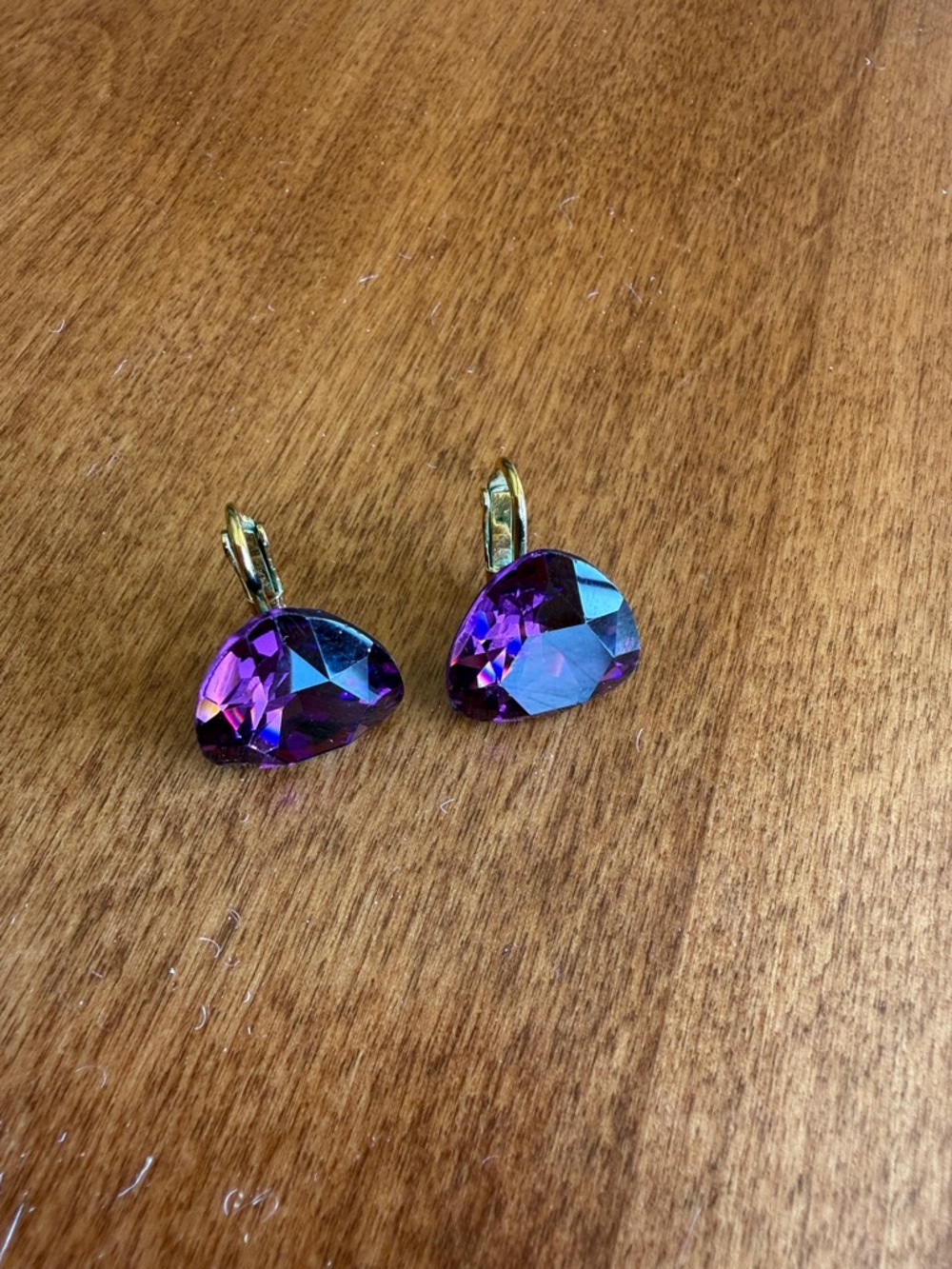 Gold Leverback Clip Earrings with Purple Crystal Drops